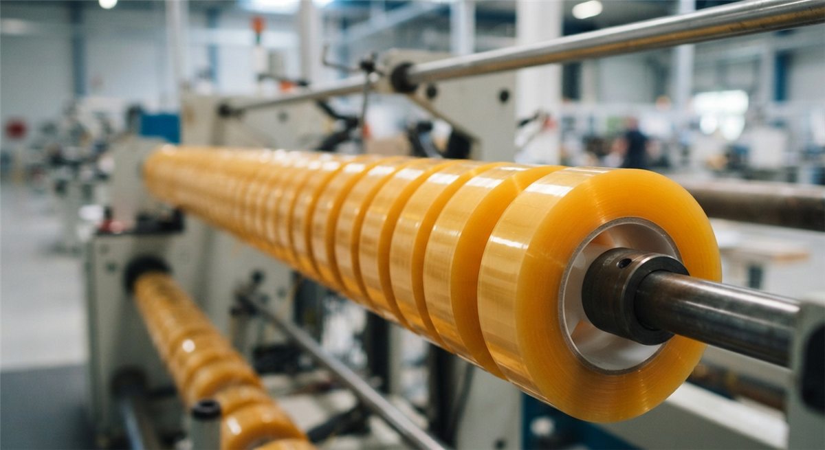 Rolls of OPP packing tape on the rewind shaft of a slitting machine